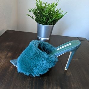 Green Stiletto Heel Slip On with Faux Fur